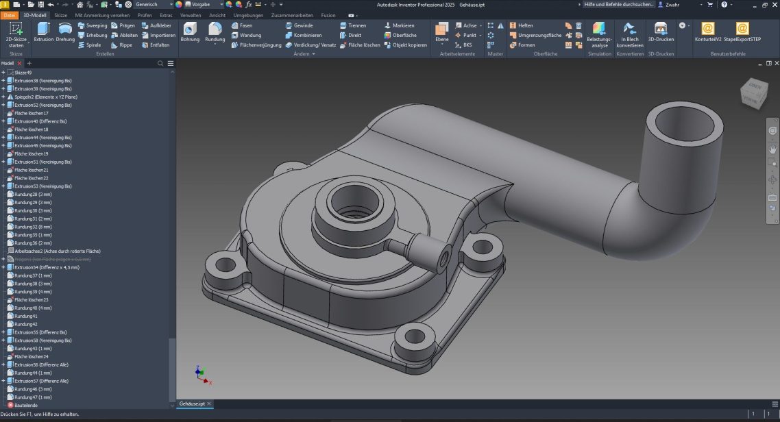 3D-Modell eines Wasserpumpengehäuses in Autodesk Inventor